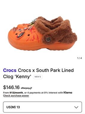 CROCS x South Park Kenny Faux-Fur Lined Orange Clog sz 13 mens new in box